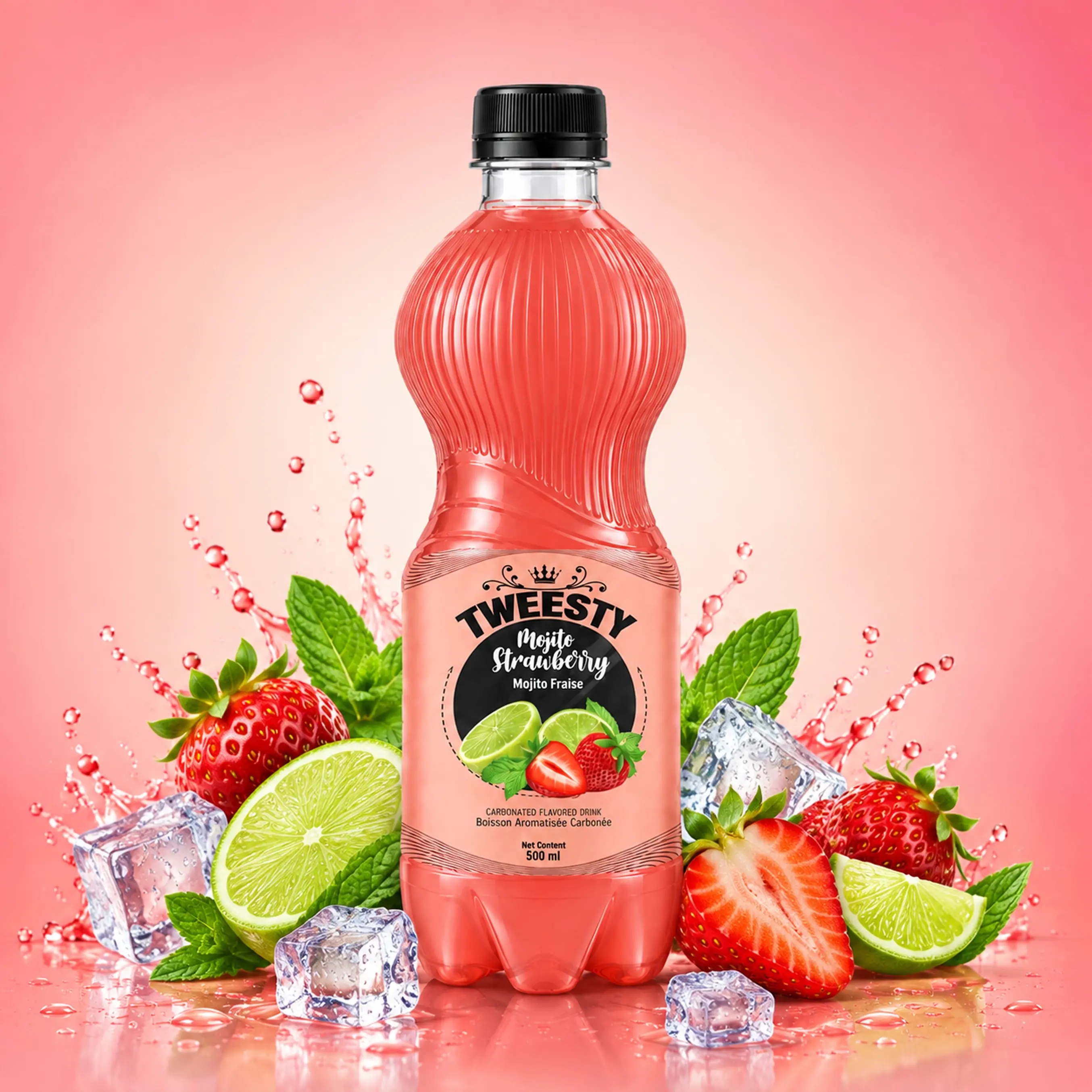 TWEESTY Mojito Strawberry carbonated flavoured drink 500ml PET bottle with strawberry, lime, mint, ice and splash